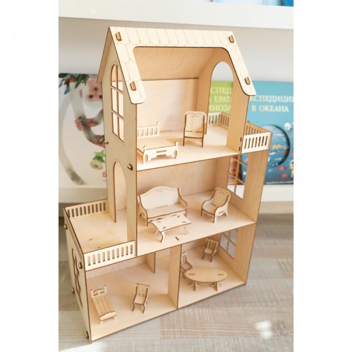 Дървена Къща за кукли ЗИМА с обзавеждане